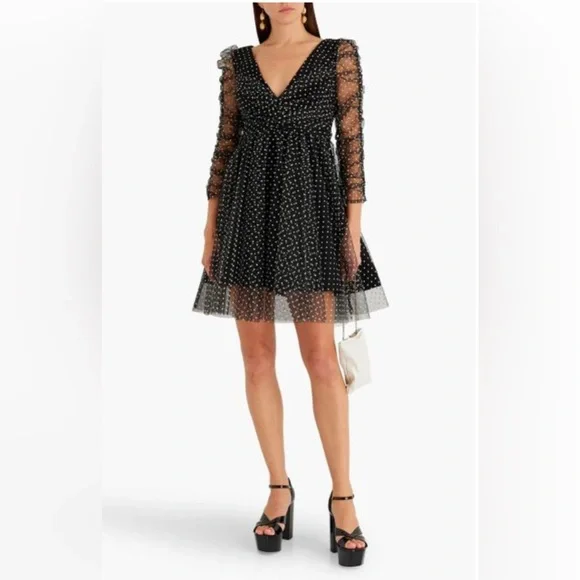 Women's Black Ruched Flocked Polka-dot Tulle Mini Dress - Picture 2 of 8